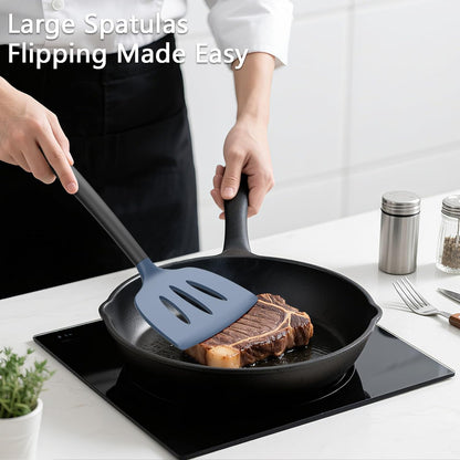 Coukre 3 Pack Silicone Spatula Set, High Heat Resistant, BPA-Free, Fish Spatula, Solid & Slotted Turner for Non-Stick Pans, Flipping Eggs, Pancakes, Fish, Burgers (3, PureBlack)