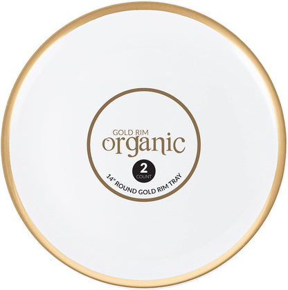 Plasticpro Plastic Serving Trays - Round Serving Platters with Gold Rim 14X14 Disposable Party DishPack of 2