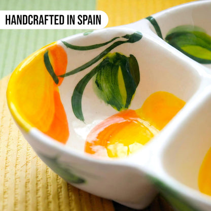 Ceramic Chip & Dip Bowl 7.5”, 3-Compartment Divided Serving Dish & Condiment Tray for Appetizers – Handmade in Spain, Lead-Free Glaze, Microwave, Oven & Dishwasher Safe