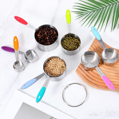 8 PCS Stainless Steel Measuring Cup Set, with Storage Ring, Non-Slip, Stackable, Kitchen Measuring Gadget tool for Cooking Baking, Measure Dry/Wet Ingredients and Liquid, Multicolor, Dishwasher Safe