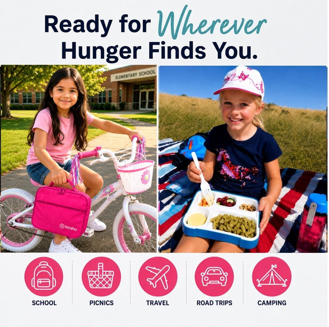 kinsho Lunch Box for Kids Boys Girls - Bento Box Set with Insulated Bag and Ice Pack, 6 Compartment Leak Proof Food Container, BPA-Free, Microwave Safe, Ideal for School & Work, Teal
