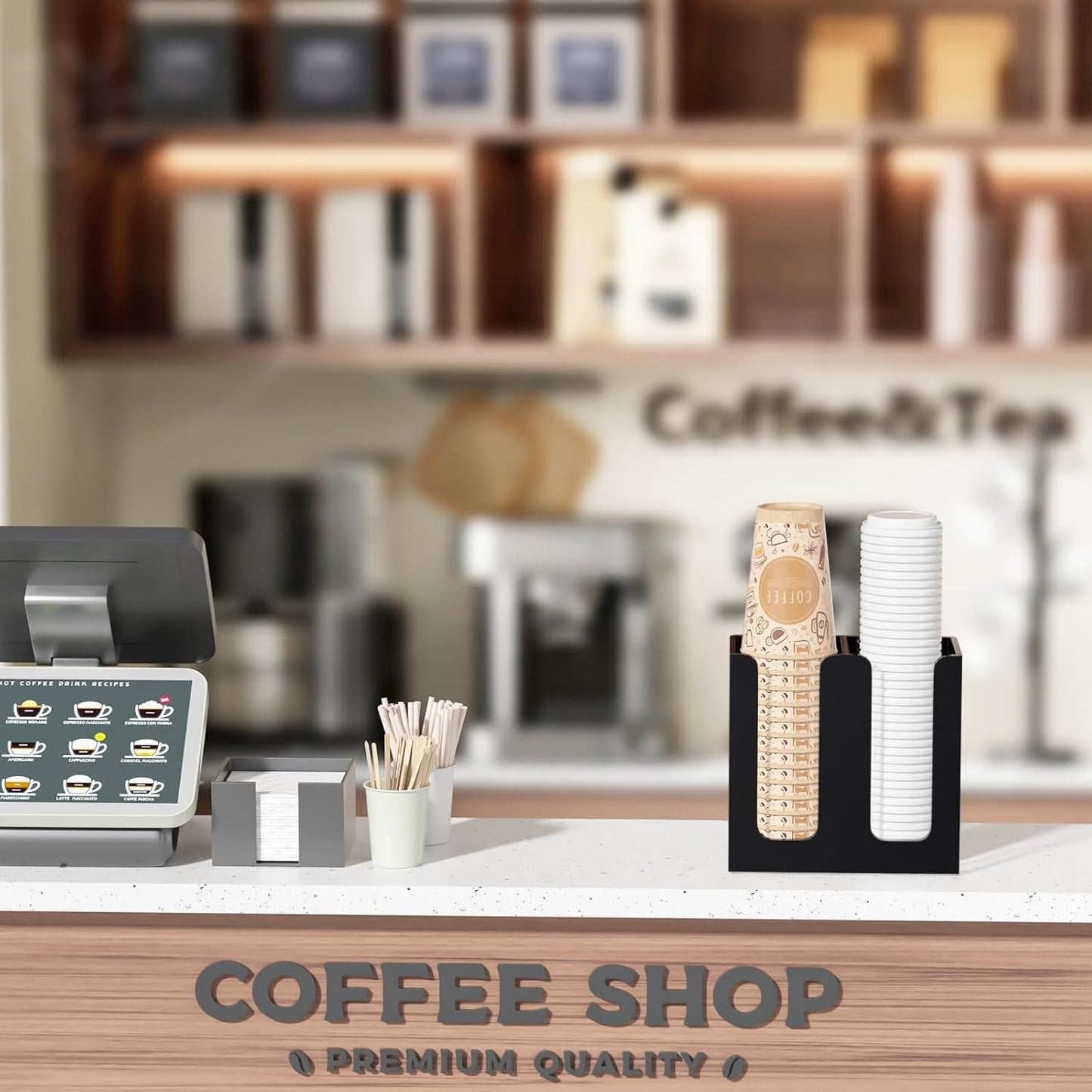 WINFFOR Disposable Cup Organizer Dispenser - 2 Compartments Clear Acrylic Cup and Lid Holder with Handles Plastic Cup Dispenser Countertop Paper Cup Holder for Coffee Bar House Party Essentials