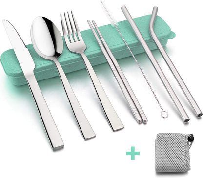 HaWare Portable Travel Utensils with Case, Stainless Steel Silverware Set for Camping Office School Lunch, Including Knife Fork Spoon Chopsticks, Reusable and Dishwasher Safe(Green)