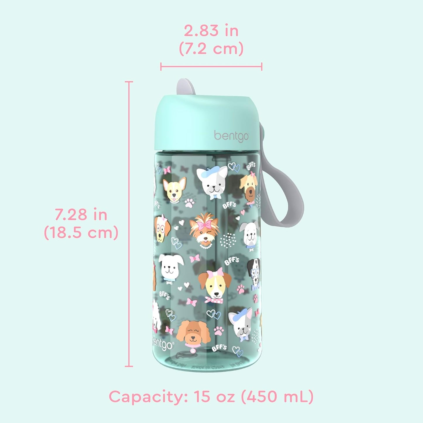 Bentgo Kids Water Bottle - Leak-Proof, Durable Tritan PFAS- & BPA-Free 15 fl oz, Kids/Toddlers Ages 3+ for School & Sports; Bite & Sip Spout, Carrying Handle, Dishwasher Safe (Unicorn)