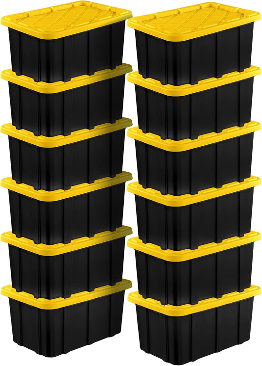 Sterilite 4-Pack 27 Gallon Industrial Storage Tote, Heavy-Duty Plastic Bins, Black/Yellow - Stackable Utility Organizers with Lids for Garage, Camping Tools, and Outdoor Gear