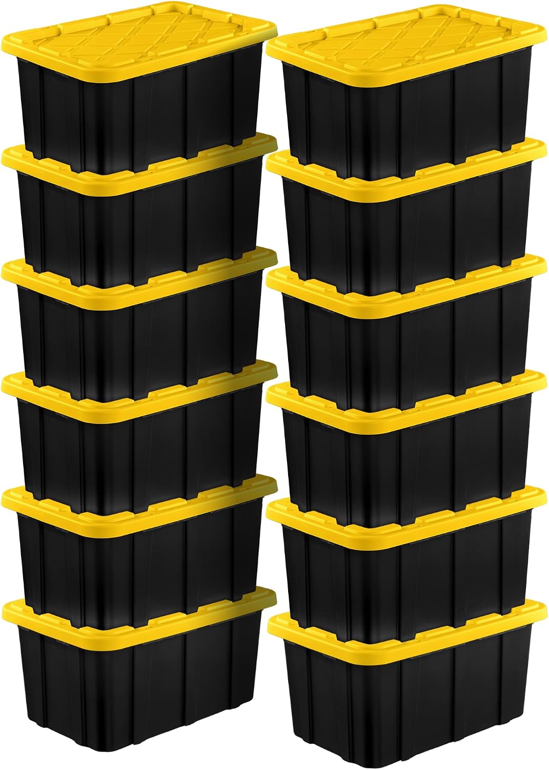 Sterilite 4-Pack 27 Gallon Industrial Storage Tote, Heavy-Duty Plastic Bins, Black/Yellow - Stackable Utility Organizers with Lids for Garage, Camping Tools, and Outdoor Gear