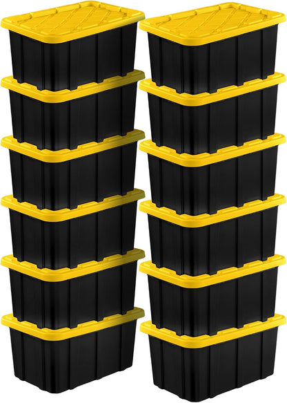Sterilite 4-Pack 27 Gallon Industrial Storage Tote, Heavy-Duty Plastic Bins, Black/Yellow - Stackable Utility Organizers with Lids for Garage, Camping Tools, and Outdoor Gear