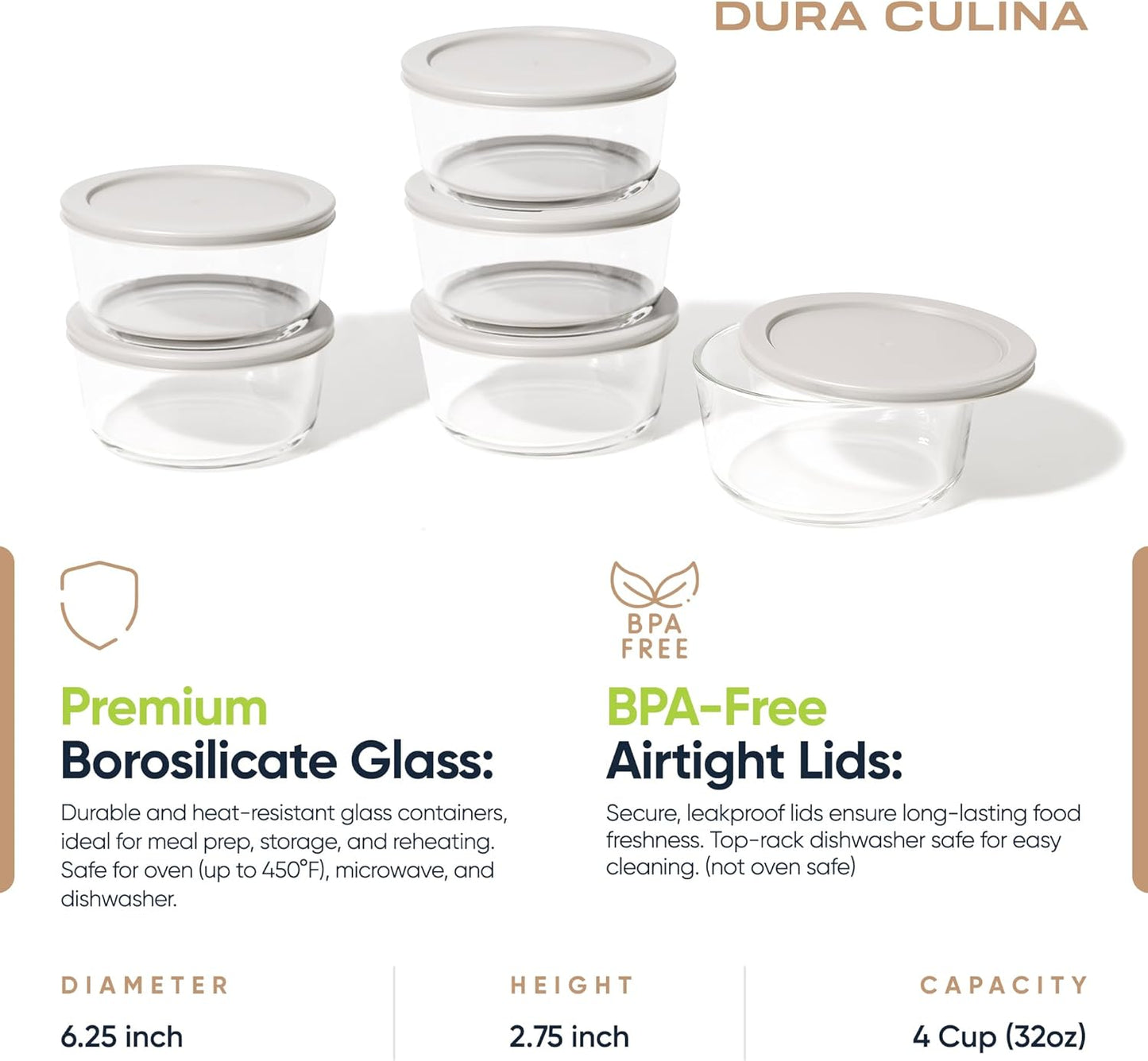 6-Piece Glass Food Storage Containers Set (3 Containers + 3 BPA-Free Lids) | 2-Cup, Leakproof | Microwave, Freezer, Oven & Dishwasher Safe | Ideal for Meal Prep & Pantry Organization, Pistachio