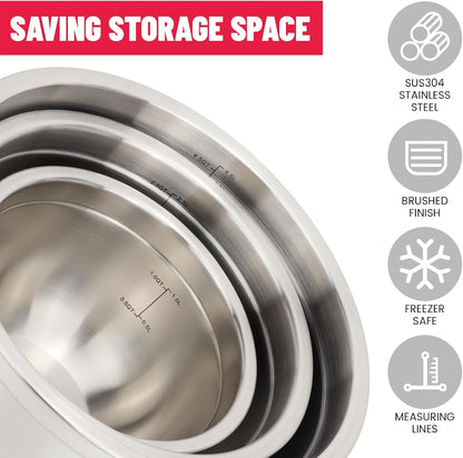 MARSKITOP Stainless Steel Mixing Bowls with Lids Set, Nesting Mixing Bowls with Airtight Lids, Measurement Marks and Red Non-Slip Bottoms, Great for Mixing and Serving, 3QT & 5QT