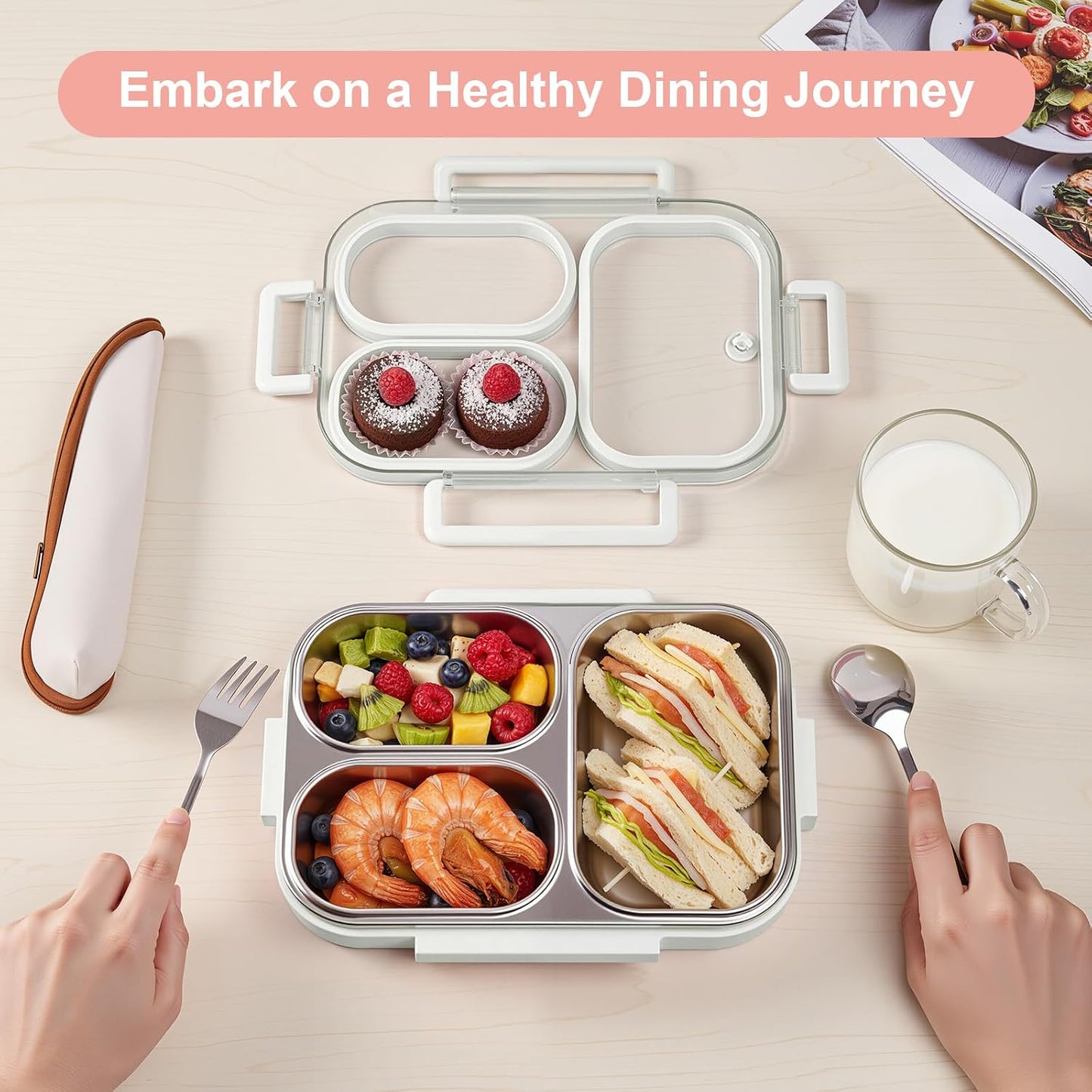 25oz 18/8 Stainless Steel Lunch Box Kit (Bento Box + Fork/Spoon) - 3 Leakproof Compartments - Metal Snack Box for Kids & Adults - School/Office/Travel - Dishwasher Safe (Beige)