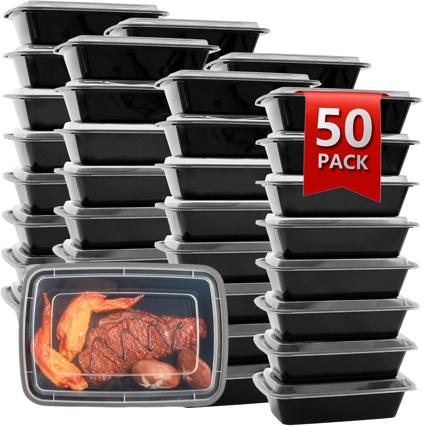 Meal Prep Containers 2 Compartment 15 Pack, 28 oz Divided Reusable Food Storage Containers with Lids Takeout Food Storage Containers Black, Microwave Dishwasher Freezer Safe, Stackable, BPA Free