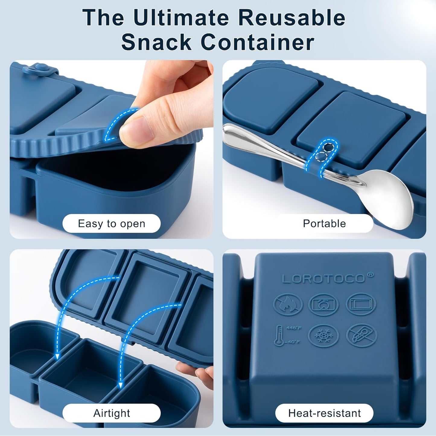 Silicone Reusable Snack Containers with Lids, 4 Pack 3 Compartment Bento Snack Boxes, Leakproof Food Storage Containers for Meal Prep, Lunch, Fruits, Kids & Adults, Dishwasher Safe