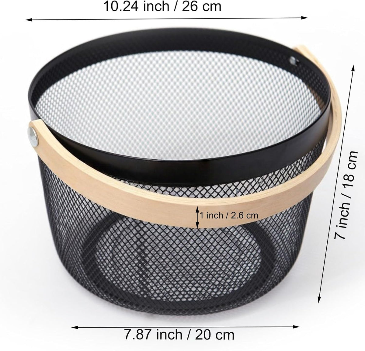 AJIODA Metal Mesh Steel Wire Basket, Round Storage Organizer Basket with Wooden Handle Multi-functional Hanging Kitchen Baskets Fruit Baskets for Kitchen Bathroom Picnic Decor Cabinet Home, White