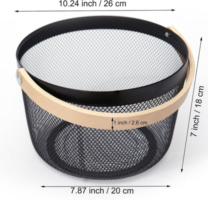 AJIODA Metal Mesh Steel Wire Basket, Round Storage Organizer Basket with Wooden Handle Multi-functional Hanging Kitchen Baskets Fruit Baskets for Kitchen Bathroom Picnic Decor Cabinet Home, White