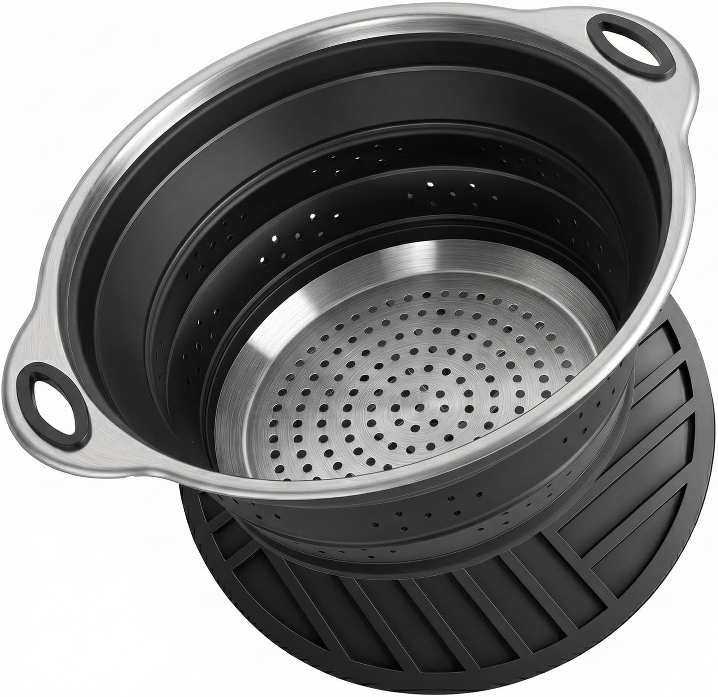 Collapsible Colander Set with Silicone Mat,2-in-1 Stainless Steel Colander for Kitchen, Foldable Metal Colander, Space-Saving for Pasta Veggies Fruit(NAVY BLUE)