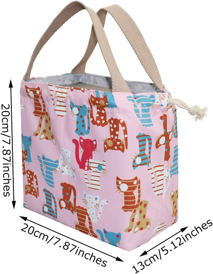 enyuwlcm Mini Lunch Tote Pouch Reusable Small Cute Lunch Bag with Drawstring Suitable for Girls Women Cat Blue