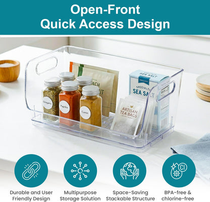 Basicwise Set of 3 Open-Front 16" Clear Storage Bins with Easy-Grip Handles Stackable Transparent Plastic Organizer Container for Pantry Cabinet Refrigerator Drawers Closets & Shelf Organization, XL