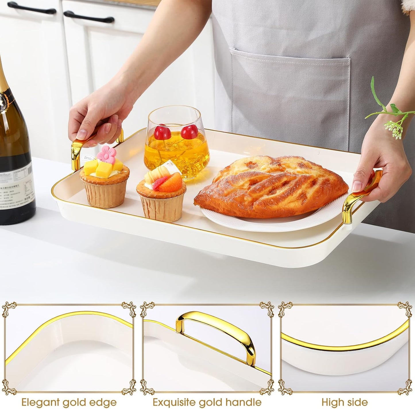 Rtteri Set of 6 Serving Platters with Handles 18.3/16.73/14.8 Inch Large Rectangular Trays, Reusable Pet Plastic for Entertaining, Dinner Parties, Weddings(Round Beads Handles,White)
