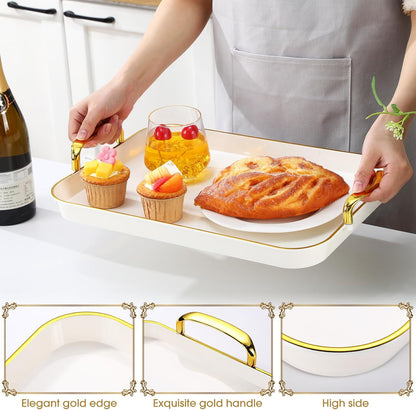 Rtteri Set of 6 Serving Platters with Handles 18.3/16.73/14.8 Inch Large Rectangular Trays, Reusable Pet Plastic for Entertaining, Dinner Parties, Weddings(Round Beads Handles,White)