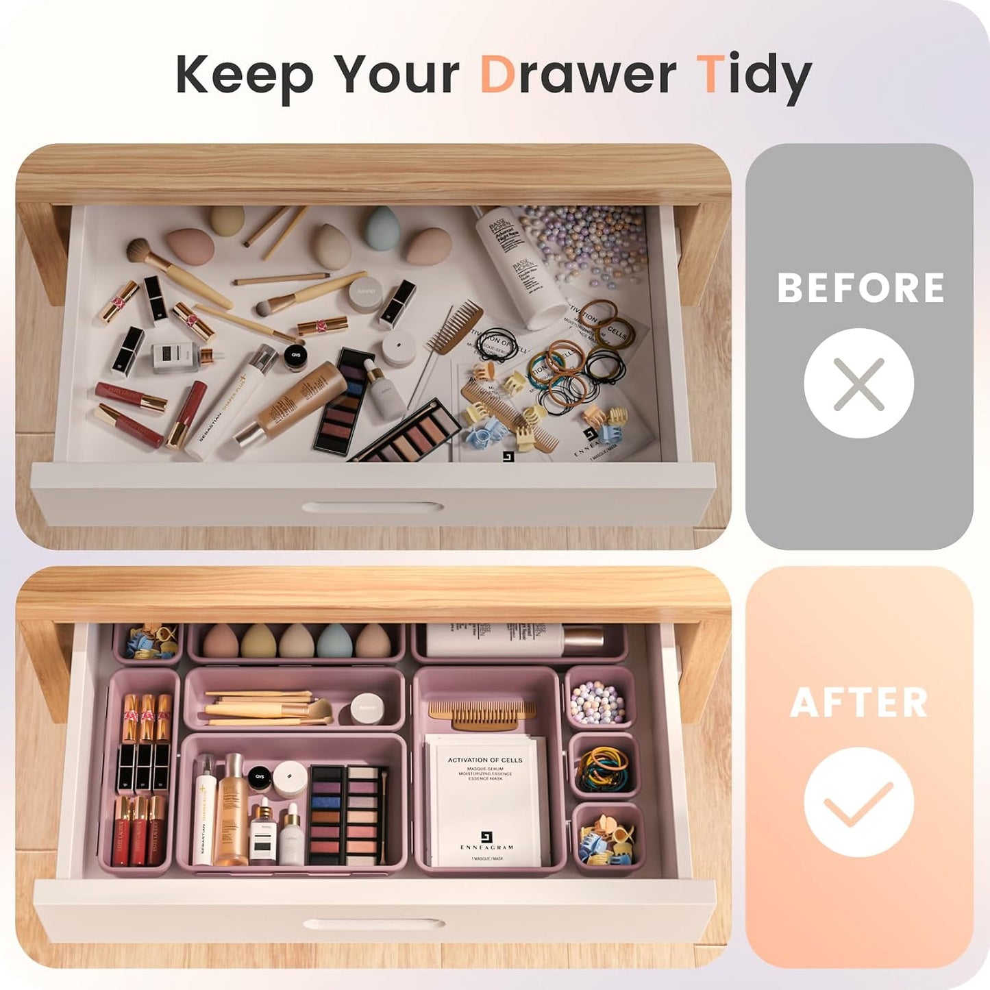A-LuGei 【Military Grade】 Drawer Organizer,【𝟱𝗦𝗶𝘇𝗲】 Makeup organizer,【Holds 177 Items】 Bathroom Organizers and Storage,Organization and Storage,Desk Drawer Organizer for Vanity【Clear】