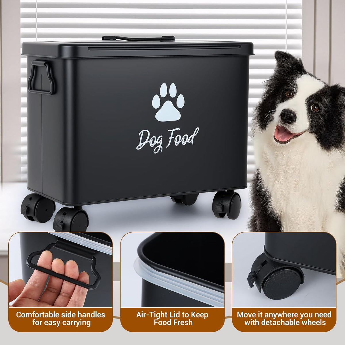 Dog Food Container 13lb, Cute Airtight Pet Food Storage Containers with Metal Lid Scoop, Black Metal Storage Bin for Dog/Cat with Wheels,Easy to Move