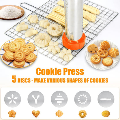 PAHTTO Churro Maker Machine, Stainless Steel Churros Gun Kit, 3-in-1 Multifunctional Cookie Press Hollow Churro with Piping Bag, 7 Piping Nozzles, 9 Cookie Discs & 2 Brushes, Easy to Clean