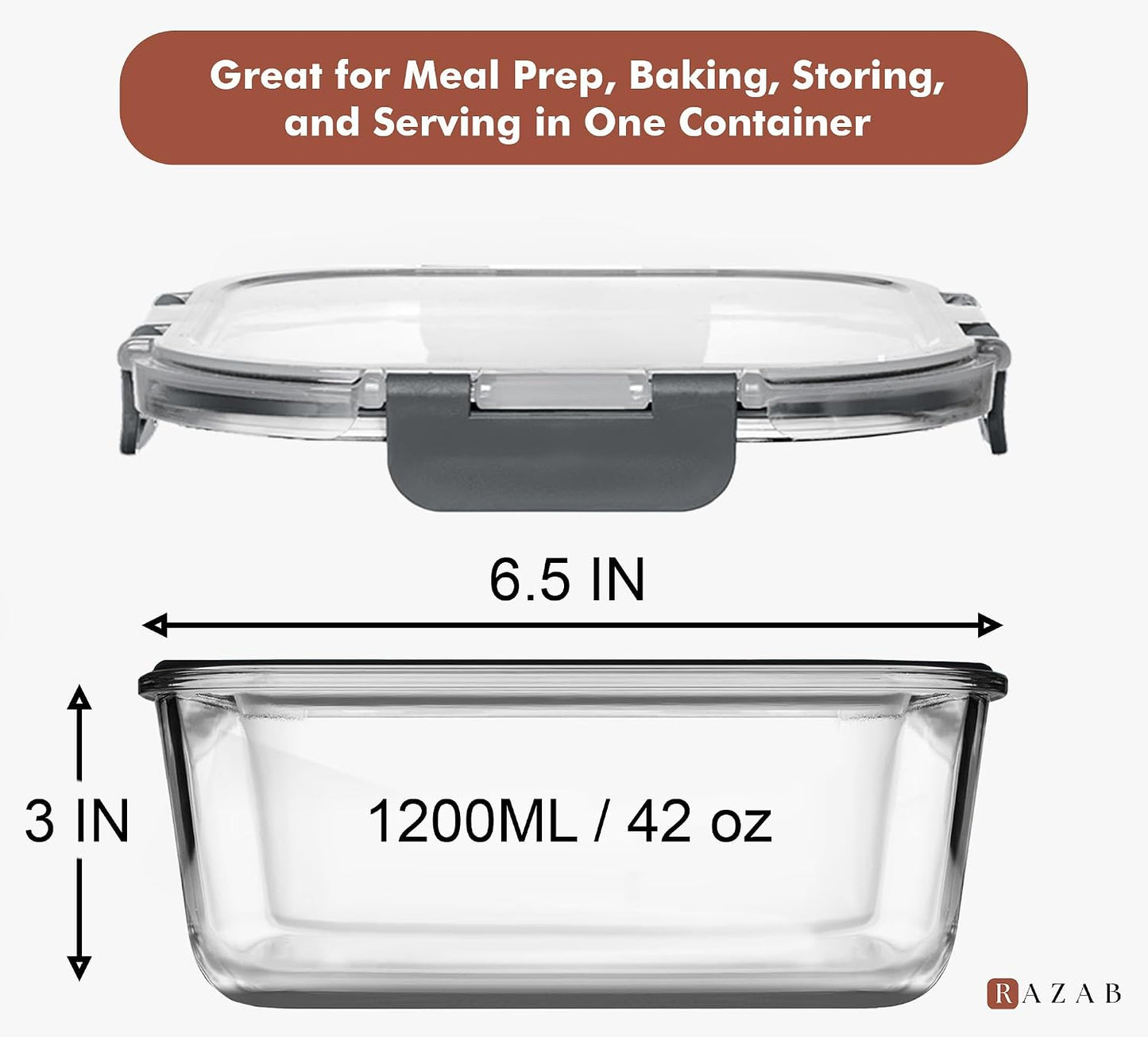 Razab 2 PC 1200ML / 41 Oz Glass Food Storage Containers with Lids - Airtight & Leakproof - Microwave/Oven/Freezer Safe - BPA Free - Ideal for Meal Prep, Storing Leftover & Lunch