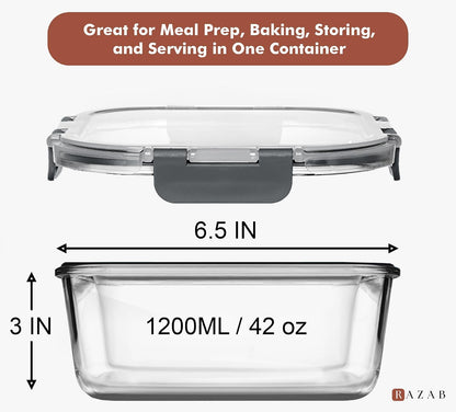 Razab 2 PC 1200ML / 41 Oz Glass Food Storage Containers with Lids - Airtight & Leakproof - Microwave/Oven/Freezer Safe - BPA Free - Ideal for Meal Prep, Storing Leftover & Lunch