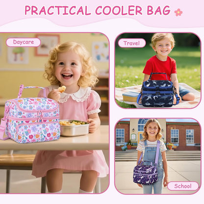Kasqo Lunch Bag Kids, Dual Compartment Insulated Cooler Bag 7.5L Girls Boys Toddler Lunch Box Containers for Daycare School Kindergarten Travel Ombre Butterfly