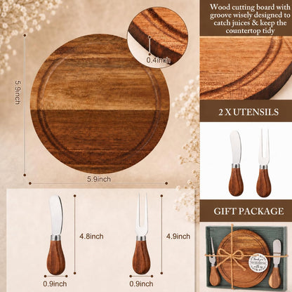 Maxcheck 6 Sets Baby Shower Bridal Game Prizes for Winners Round Cheese Board Set Wood Mini Charcuterie Board with Knives and Forks Thank You Card with Gift Box for Guests Wedding (Bamboo)