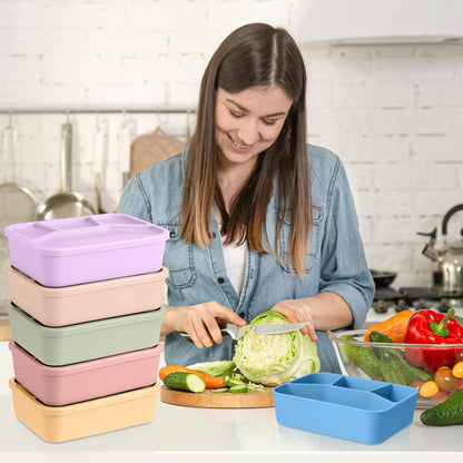 Honeydak 6 Pcs Silicone Bento Box Reusable Lunch Container 4 Compartment Snack Boxes with Lid Smooth LeakProof Rectangle Food Boxes for Adult Work Travel Food Storage (Cute Color)