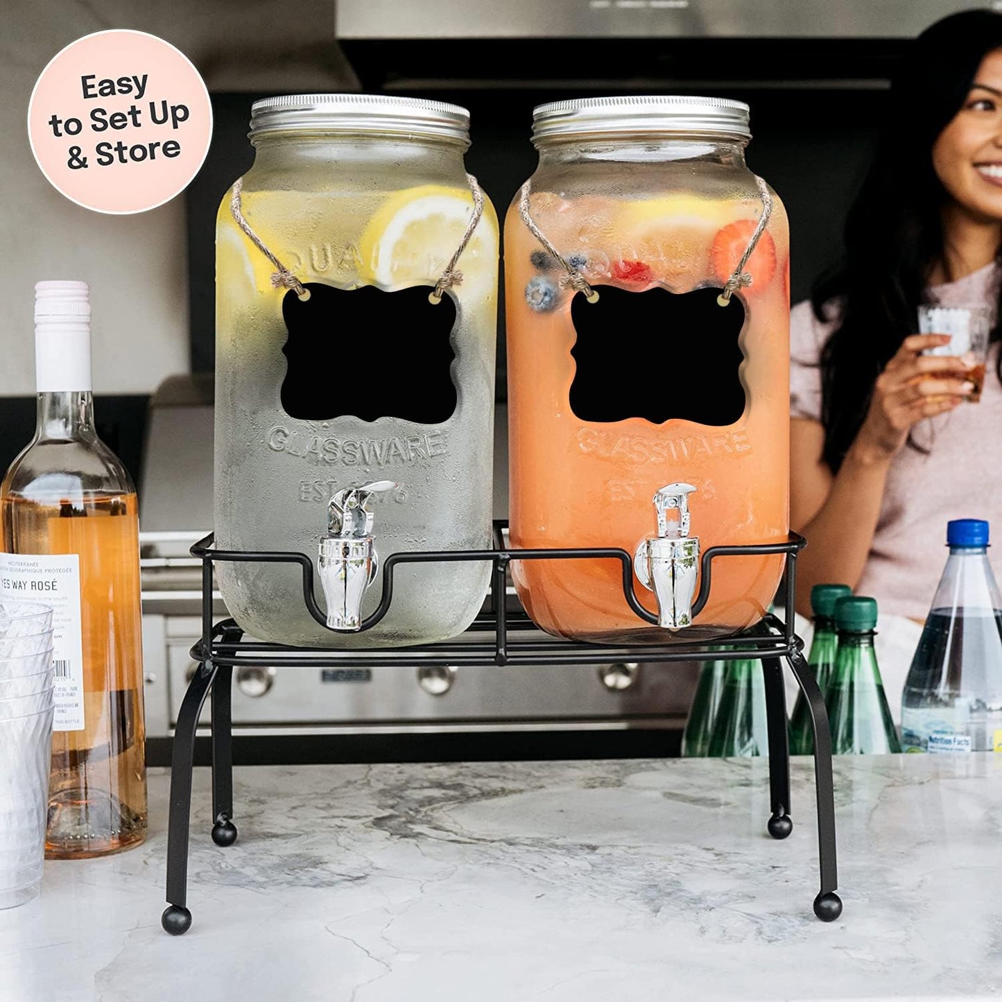 Estilo Gallon Drink Dispenser with Stand - Glass Beverage Dispenser with Stand for Weddings - Sun Tea Jar with Spigot 1 Gallon - Countertop Glass Water Dispenser for Lemonade and Parties