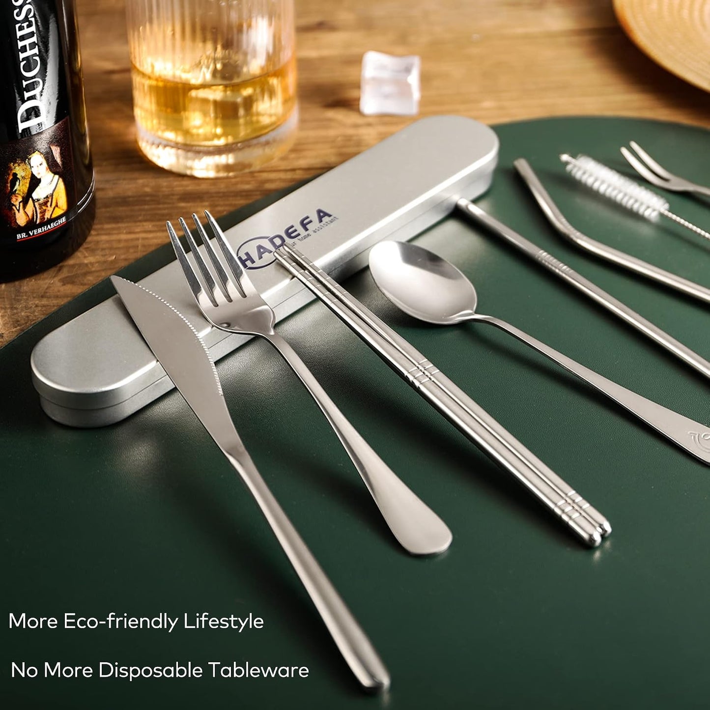 7 in 1 Portable Utensils with Stainless Steel Case for Travel/Camping/Office/School, Reusable Eco-friendly Utensils Silverware Set with Knife/Fork/Spoon/Cleaning Brush/Straws