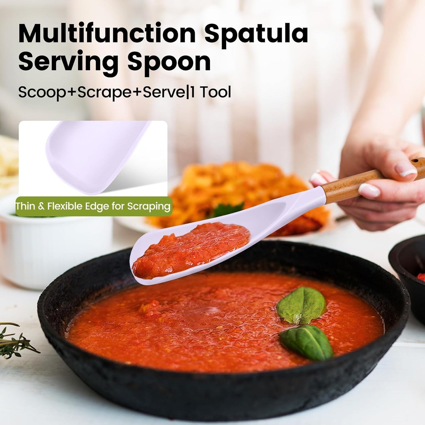 Large Silicone Cooking Spoons Set, 2 Pcs Heat Resistant Serving Spoon, Multifunction Nonstick Spatula Spoon, Kitchen Cucharras de Silicona for Mixing, Stiring, Basting, Scooping, Scraping