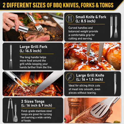 34Pcs Grill Accessories Grilling Gifts for Men, 16 Inches Heavy Duty BBQ Accessories, Stainless Steel BBQ Tools with Thermometer, Grill Mats for Backyard, BBQ Gifts Set for Men Women