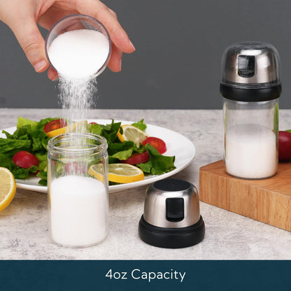 KTCHENDAO 2 in 1 Glass Salt and Pepper Shaker with Side Pour Spout, Built-in Lid for Moisture-proof, Elegant Borosilicate Glass Salt Pepper Dispenser set for Kitchen, BPA Free, 4oz (White)