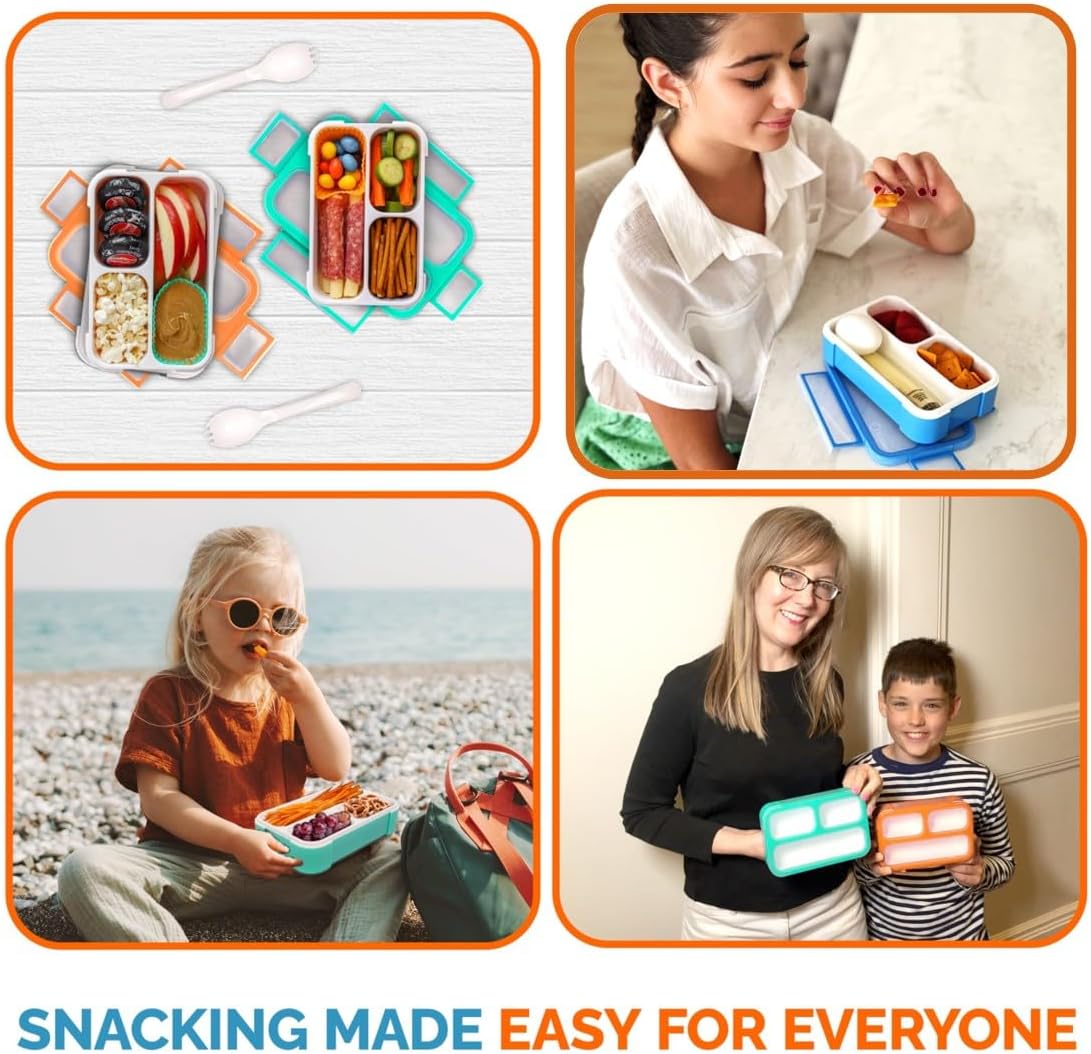 Small Snack Containers for Kids Toddlers - 3 Compartments (Set of 2) - Leak-Proof Reusable Boxes with Lids - BPA-Free Plastic Mini Bento Lunch Box - Holds 2 Cups Capacity (Pastel Blue+Teal Sparkle)