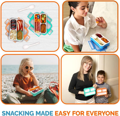 Small Snack Containers for Kids Toddlers - 3 Compartments (Set of 2) - Leak-Proof Reusable Boxes with Lids - BPA-Free Plastic Mini Bento Lunch Box - Holds 2 Cups Capacity (Pastel Blue+Teal Sparkle)
