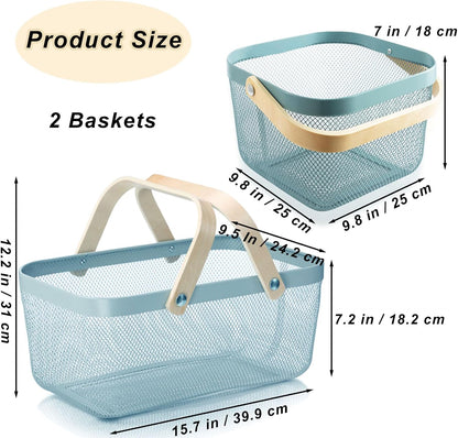 Cheardia 2 Pack Picnic Baskets, Metal Mesh Harvest Basket with Foldable Wooden Handle, Rectangle Garden Storage Basket Bin for Vegetable Fruit Garden Kitchen Cabinet Picking Gathering