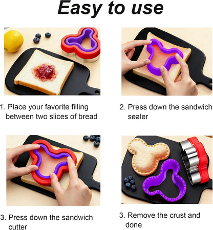 Uncrustable Sandwich Cutter and Sealer Set for Kids – 4 Pack Sandwich Bread Maker with Fun Shapes (Unicorn, Dinosaur, Heart etc) and 4 Fruit Cookie Cutters, Perfect for Lunch & Bento Box (8)