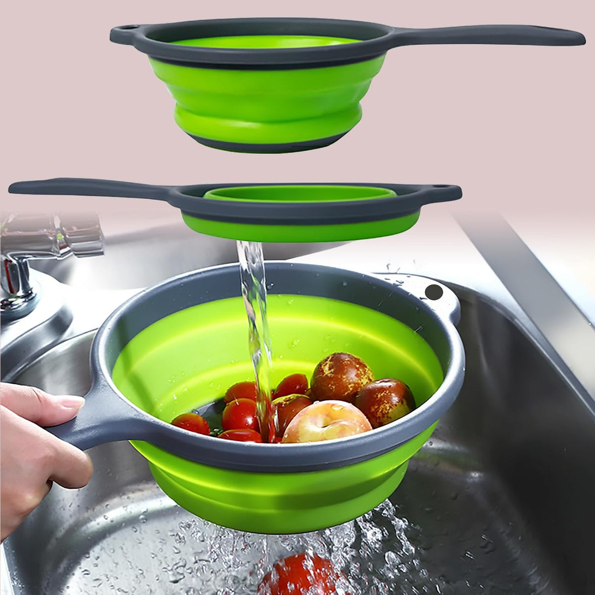 Kitchen Collapsible Colanders Set,Collapsible Colanders with Handles,Dishwasher Safe,Space-Saver Folding Strainer Colander for Draining Pasta Vegetable Fruits (Red)