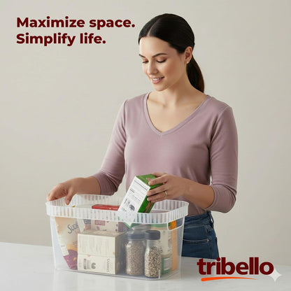 Tribello Narrow Storage Bins – Slim, Clear Plastic Storage Basket, Clear Organizer for Tight Spaces (2 Pack, 15” x 6” x 6”)