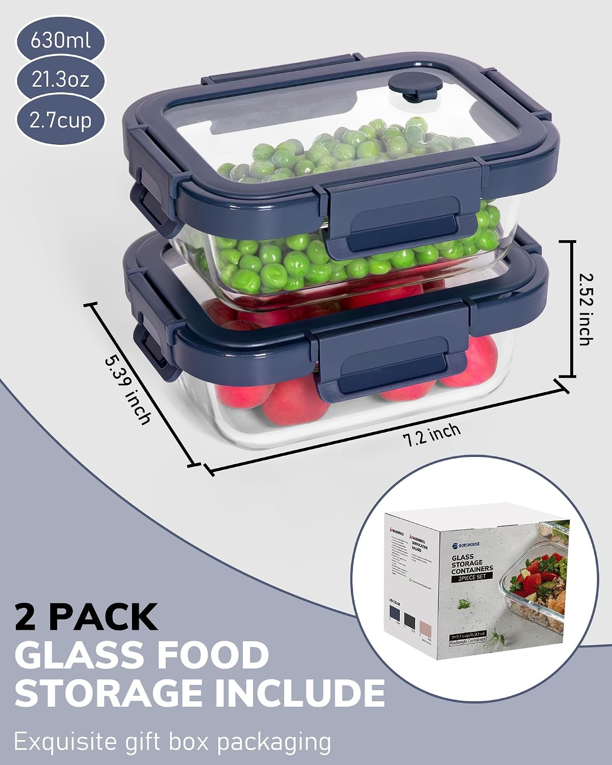 5-Pack Borosilicate Glass Containers with Tempered Glass Lids, 35.2oz/4.4 Cup Airtight Meal Prep Set, Microwave/Freezer Safe (Gray)