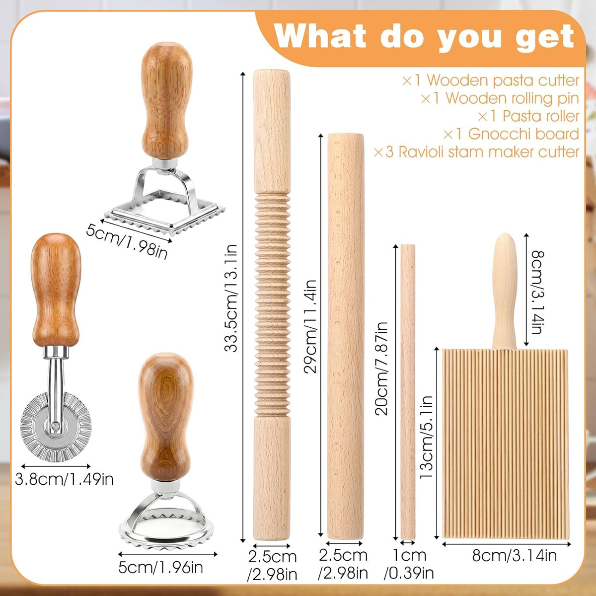 Pasta Making Tools 7Pcs Wood Gnocchi Board Ravioli Stamp Roller