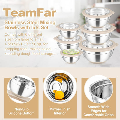 TeamFar Mixing Bowls Set of 6, Stainless Steel Salad Mixing Bowls with Visible Lids, Metal Nesting for Mixing Serving Prepping, Non-Slip & Airtight, 4.6/3.5/2/1.5/1/0.7 QT, Khaki