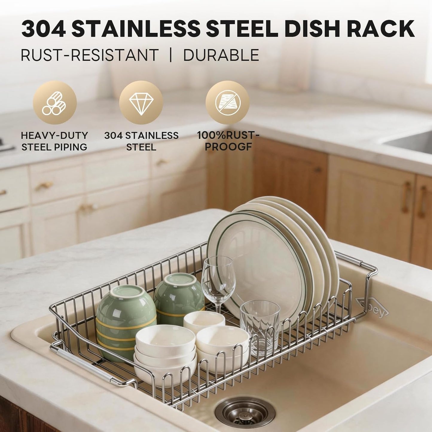 Expandable Over The Sink Dish Drainer Drying Rack, Stainless Steel Metal, Small Adjustable Dish Drainer Drying Rack for Kitchen Counter, Space Saving for Compact Kitchen