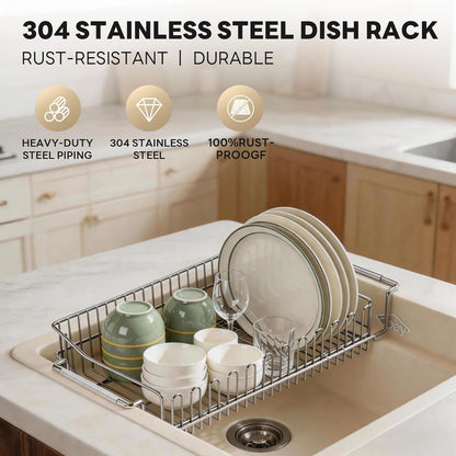 Expandable Over The Sink Dish Drainer Drying Rack, Stainless Steel Metal, Small Adjustable Dish Drainer Drying Rack for Kitchen Counter, Space Saving for Compact Kitchen