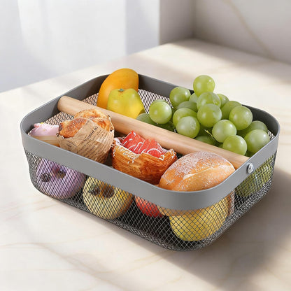 AJIODA Metal Mesh Steel Storage Basket, Garden Harvest Wire Organizer Basket Multi-functional Kitchen Fruit Basket with Wooden Removable Partition & Handle for Bathroom Picnic Decor Cabinet, Grey