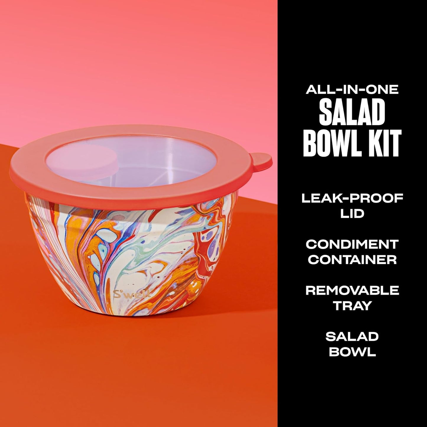 S'well Stainless Steel Salad Bowl Kit 64oz, Peacock Blue, Comes with 2oz Mini Canister and Removable Tray for Organization, Leakproof, Easy to Clean, Dishwasher Safe