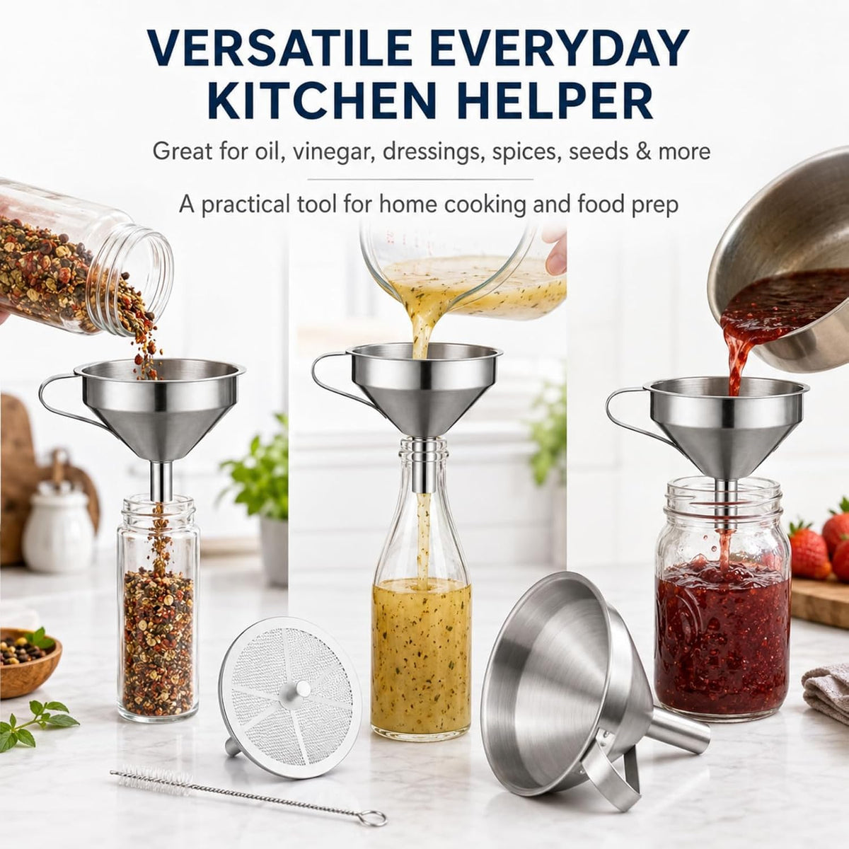304 Stainless Steel Funnel with Filter Mesh, Thickened Stainless Steel Kitchen Filter Funnel, Kitchen Food-Contact Use Metal Funnels for Oil, Jam & Spice Filling (4.7in)